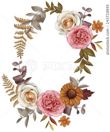 Hand drawn wreath with autumn flowers and leaves. Watercolor illustration. Hand drawn wreath with autumn flowers and leaves. Watercolor illustration. 143718695