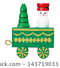 一輛聖誕木製貨車，上面放著一棵聖誕樹和一個雪人。 143719033