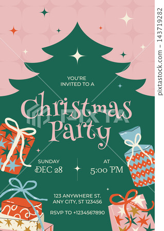 Christmas party invitation card vector template with holiday tree and wrapped gift boxes Christmas party invitation card vector template with holiday tree and wrapped gift boxes 143719282