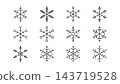雪花線條藝術圖示集：12 種分支狀和六角形晶體，黑色單色。 143719528