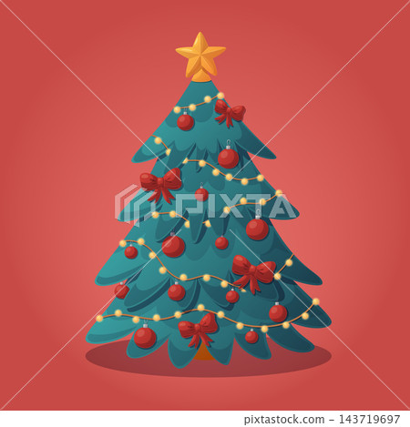 Festive Christmas tree illustration decorated with red baubles, Festive Christmas tree illustration decorated with red baubles, 143719697