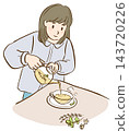 An illustration of a young woman pouring herbal tea into a cup. 143720226