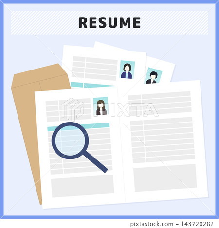 Illustration material of a resume with a photo and a mailing envelope. Vector material for the HR recruitment process, suitable for job interviews and the selection process of job seekers. 143720282