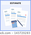 Illustration material of a quotation, calculator, and ballpoint pen. Vector material for accounting expense settlement and budget estimate comparison. 143720283