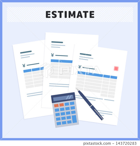 Illustration material of a quotation, calculator, and ballpoint pen. Vector material for accounting expense settlement and budget estimate comparison. 143720283