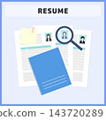 Illustration material of stacked application documents including a resume, notebook, and magnifying glass. Vector material for job interviews and personnel selection. 143720289