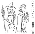 An illustration of a witch holding a broom and Dracula holding a single rose. 143720339