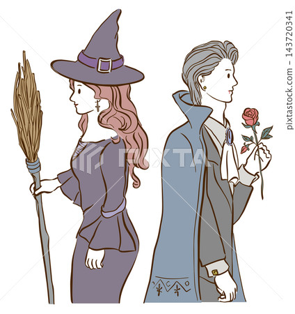 An illustration of a witch holding a broom and Dracula holding a single rose. 143720341