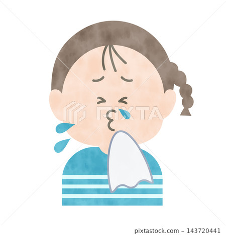A watercolor-style illustration of a girl sneezing and having a runny nose. 143720441