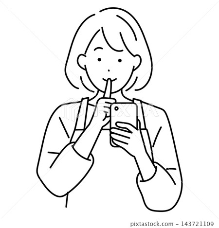 一幅家庭主婦的插圖,她將食指放在嘴唇上。 一幅家庭主婦的插圖,她將食指放在嘴唇上。 143721109