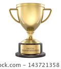 Digital Transformation, achievement golden trophy cup with award plaque. 3D rendering 143721358