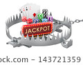 Gambling addiction trap with jackpot sign poker chips cards and dice. 3D rendering 143721359