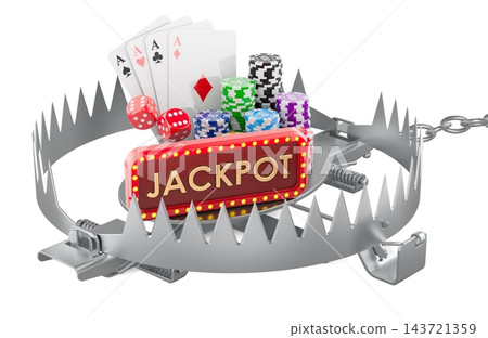 Gambling addiction trap with jackpot sign poker chips cards and dice. 3D rendering Gambling addiction trap with jackpot sign poker chips cards and dice. 3D rendering 143721359