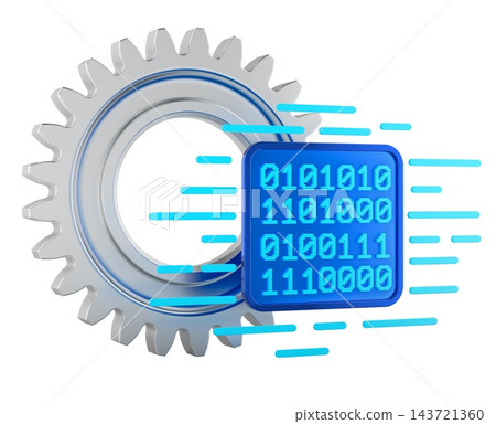 Gear with binary code panel, industrial digital automation, machine control software and digital manufacturing, concept. 3d rendering Gear with binary code panel, industrial digital automation, machine control software and digital manufacturing, concept. 3d rendering 143721360