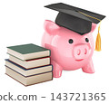 Piggy bank with graduation cap and books. Education savings, tuition planning and the cost of higher education, concept. 3d rendering 143721365