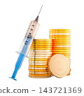 Syringe and gold coin stacks, representing medical treatment costs. 3D rendering 143721369
