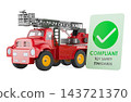 Toy fire truck with toy safety standards compliance sign. 3D rendering 143721370