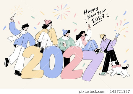 Happy New Year 2027 with People and Pets in Pastel Colors 143721557