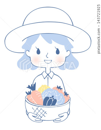 一幅農婦面帶微笑、手捧收穫蔬菜的插圖。 一幅農婦面帶微笑、手捧收穫蔬菜的插圖。 143721925