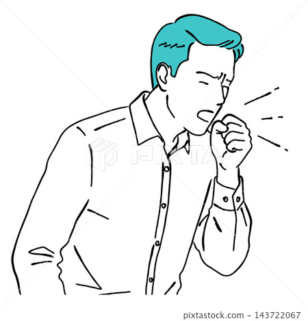 A simple and stylish line drawing illustration of a man who is feeling unwell, coughing and covering his mouth (cold, allergy, virus). A simple and stylish line drawing illustration of a man who is feeling unwell, coughing and covering his mouth (cold, allergy, virus). 143722067