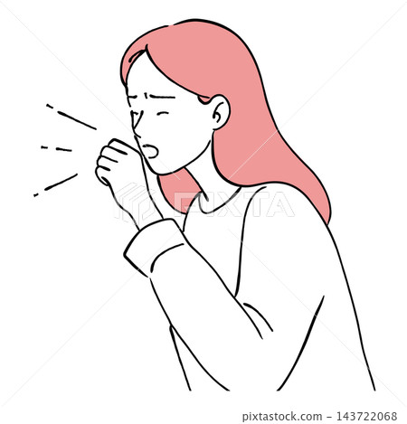 A simple and stylish line drawing illustration of a woman who is feeling unwell, coughing and covering her mouth (cold, allergy, virus). A simple and stylish line drawing illustration of a woman who is feeling unwell, coughing and covering her mouth (cold, allergy, virus). 143722068