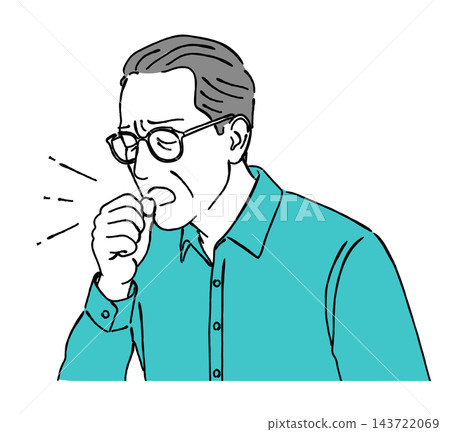 一幅簡單的線條畫插圖,描繪了一位感覺不舒服的老年男子,他咳嗽著摀住嘴(感冒、過敏、病毒)。 一幅簡單的線條畫插圖,描繪了一位感覺不舒服的老年男子,他咳嗽著摀住嘴(感冒、過敏、病毒)。 143722069