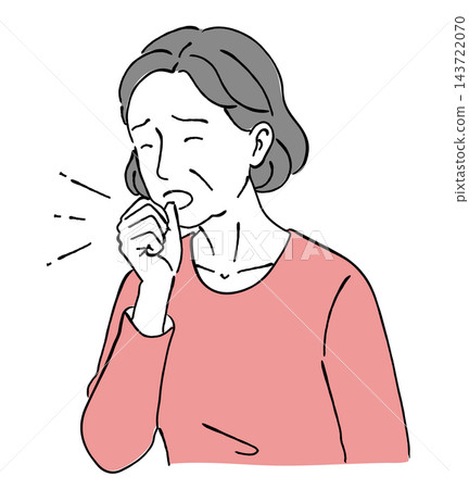 A simple line drawing illustration of a senior woman who is feeling unwell, coughing and covering her mouth (cold, allergy, virus). A simple line drawing illustration of a senior woman who is feeling unwell, coughing and covering her mouth (cold, allergy, virus). 143722070