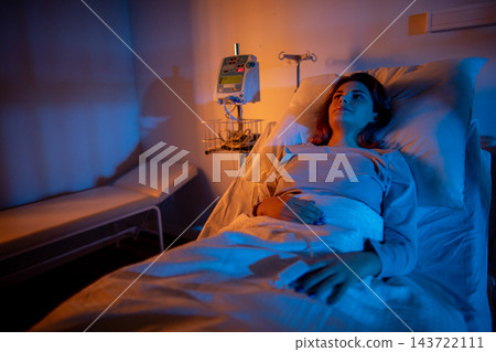 Patient gazes upward. Anxious patient in hospital bed gazing at ceiling. Nighttime hospital ward with patient reflecting anxiously under blue illumination and IV line Patient gazes upward. Anxious patient in hospital bed gazing at ceiling. Nighttime hospital ward with patient reflecting anxiously under blue illumination and IV line 143722111
