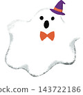 A white ghost wearing a witch's hat and bow tie - a hand-drawn Halloween illustration. 143722186