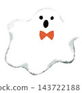 A cute, hand-drawn style Halloween illustration of a white ghost wearing a bow tie. 143722188