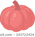 A simple and charming cartoon illustration of a pink pumpkin with a curved brown stem and softly shaded ridges 143722424