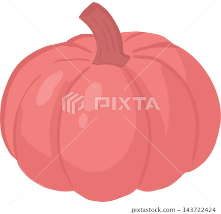 A simple and charming cartoon illustration of a pink pumpkin with a curved brown stem and softly shaded ridges A simple and charming cartoon illustration of a pink pumpkin with a curved brown stem and softly shaded ridges 143722424