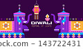 Happy Diwali, festival of light, Hindu traditional Festival Deepavali  Cute greeting card, poster, flyer, cover, banner with elephant, Indian pattern, lantern, peacock and diya Vector flat cartoon 143722431