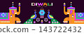Happy Diwali, festival of light, Hindu traditional Festival Deepavali  Cute greeting card, poster, flyer, cover, banner with elephant, Indian pattern, lantern, peacock and diya Vector flat cartoon 143722432