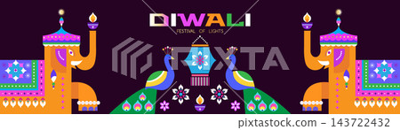 Happy Diwali, festival of light, Hindu traditional Festival Deepavali Cute greeting card, poster, flyer, cover, banner with elephant, Indian pattern, lantern, peacock and diya Vector flat cartoon Happy Diwali, festival of light, Hindu traditional Festival Deepavali Cute greeting card, poster, flyer, cover, banner with elephant, Indian pattern, lantern, peacock and diya Vector flat cartoon 143722432