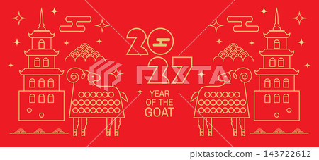 Happy Chinese New Year 2027, Zodiac sign, lunar new year of the Goat Chinese translation: "Happy New Year, Goat" Vector template zodiac symbol animal mascot icon illustration 143722612
