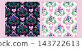 Set of seamless pattern christmas elegant festive modern style Hand-drawn cute poinsettias, holly berries, ribbon, rowanberry, branches and snowflakes Vector template background illustration 143722613