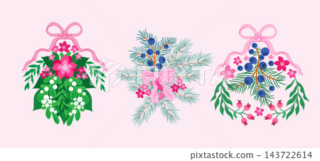 Christmas floral collection with seasonal garlands, borders, garland, wreath, ribbons, bows and winter holiday hand drawn decor set Vector cute illustration 143722614