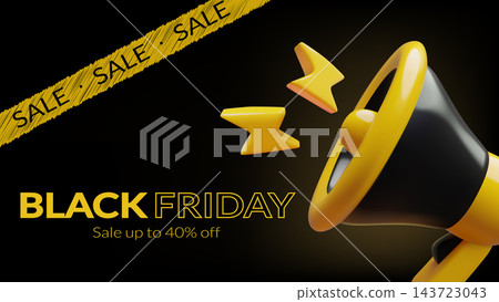 Black Friday sale banner with black and yellow 3D megaphone and lightning bolt on a dark background Black Friday sale banner with black and yellow 3D megaphone and lightning bolt on a dark background 143723043