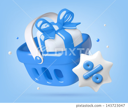 Blue grocery shopping basket 3D icon with gift box and percentage discount tag holiday sale concept Blue grocery shopping basket 3D icon with gift box and percentage discount tag holiday sale concept 143723047