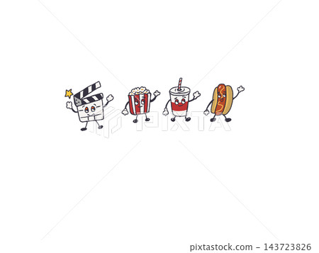 A set of cute character illustrations of movie theater food and clapperboards. 143723826