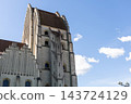Grundtvig Church exterior with geometric architecture in Copenhagen Denmark. 143724129