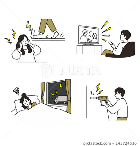 一組線條藝術插圖,描繪了人們因日常噪音和與噪音相關的問題而感到困擾的情景。 一組線條藝術插圖,描繪了人們因日常噪音和與噪音相關的問題而感到困擾的情景。 143724536