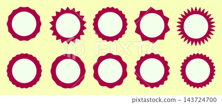 white circle stickers with red borders. Blank sale stickers, simple silhouette. Graphic illustration. Star burst shape tags for price, shops set. Wavy edge promo red badges. Vintage flat labels. white circle stickers with red borders. Blank sale stickers, simple silhouette. Graphic illustration. Star burst shape tags for price, shops set. Wavy edge promo red badges. Vintage flat labels. 143724700