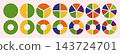 Multicoloured diagrams infographic. Circle section graph. Color wheels divided in sections. Multicolored donut chart, pies segmented on from 1 to 14 equal parts. Pie or pizza chart layout. 143724701