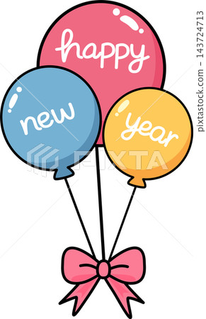Three party balloons with happy new year text celebration element sticker print visual graphic clipart artwork design icon illustration 143724713