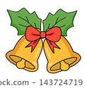 Golden christmas bells with red bow and holly leaves holiday element sticker print visual graphic clipart artwork design icon illustration Golden christmas bells with red bow and holly leaves holiday element sticker print visual graphic clipart artwork design icon illustration 143724719