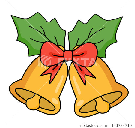 Golden christmas bells with red bow and holly leaves holiday element sticker print visual graphic clipart artwork design icon illustration Golden christmas bells with red bow and holly leaves holiday element sticker print visual graphic clipart artwork design icon illustration 143724719