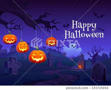 Halloween cemetery graveyard with hanging pumpkin lanterns, flying ghost and bat. Vector greeting card with tombstone and cross on dark hill, spooky night landscape, twisted tree and candle light Halloween cemetery graveyard with hanging pumpkin lanterns, flying ghost and bat. Vector greeting card with tombstone and cross on dark hill, spooky night landscape, twisted tree and candle light 143724858