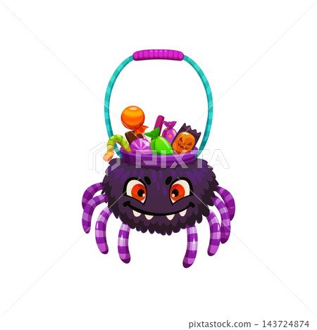 Cartoon Halloween spider shaped basket for trick or treat candies and sweet. Vector festive and fun bucket brimming with lollipops, gummy sweets, jelly candy worms, wrapped treats, and spooky pastries Cartoon Halloween spider shaped basket for trick or treat candies and sweet. Vector festive and fun bucket brimming with lollipops, gummy sweets, jelly candy worms, wrapped treats, and spooky pastries 143724874